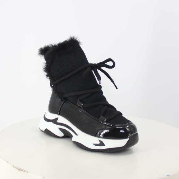 Fur Lined Thick Sole Winter High Top Sneaker in Black Faux Suede, Women’s - Picture 2 of 15